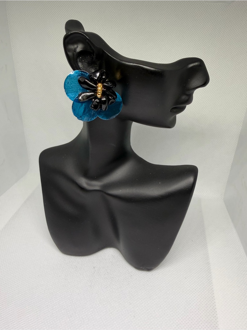 Statement Flower Clip-On Earrings Teal & Black